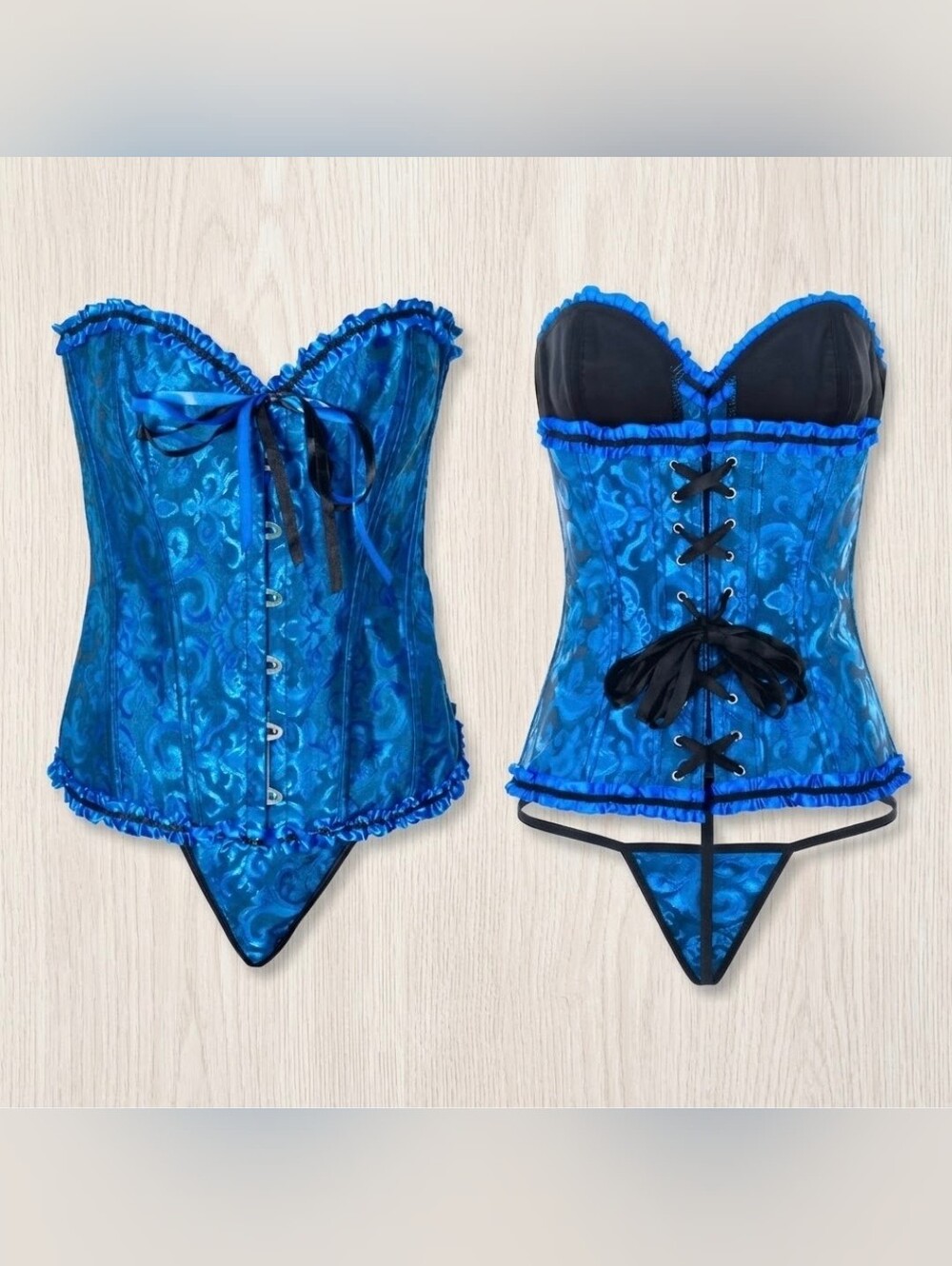 Blue Floral Pattern Corset With Blue Ribbon And A Matching Pair Of Thongs XXL